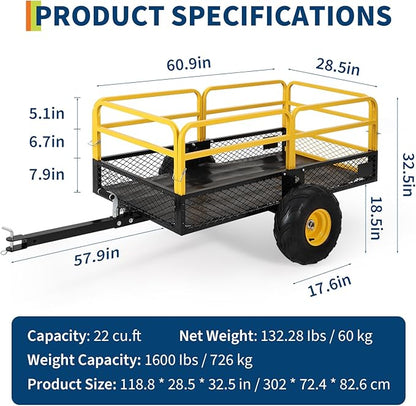GarveeLife Lawn Mower Trailer ATV Dump Cart Tow Behind, 1600 Lb Utility Garden Cart, 22 Cu.Ft, Heavy Duty Steel Garden Utility Trailer with Removable Sides for Atvs, Utvs Lawn Garden Tractors