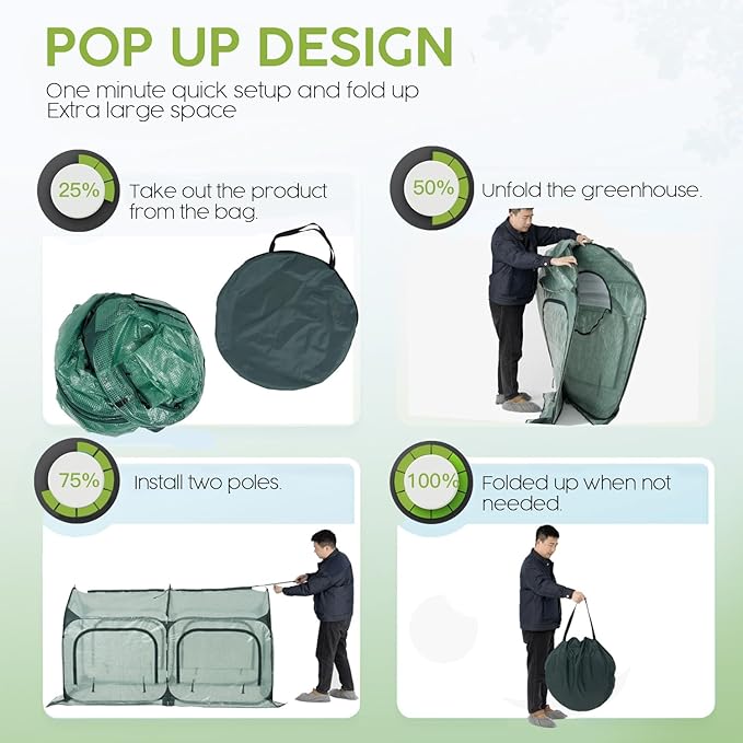Pop up Greenhouse Tent Cover Tunnel Plant House,Large Gardening Flower Sunshine Room with Mesh Windows,Backyard PE Greenhouse Cover for Cold Frost Protector with Stakes and Rope Guys