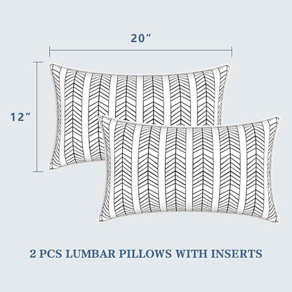 LVTXIII Set of 2 Outdoor Lumbar Pillows for Patio Furniture with White Piping, 12"x20" Fade Resistant Patio Lumbar Pillows with Inserts for Home Coach Sofa Use, Herringbone Black White