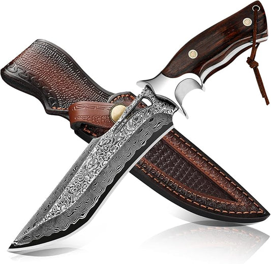 Handmade Damascus Hunting Knife,10.4"Fixed Blade Bowie Knife with Leather Sheath,Real Damascus Steel Knives with VG10 Core &Wood Handle,EDC Full Tang Knives for men women, Adventure,Survival,Hiking,Camping