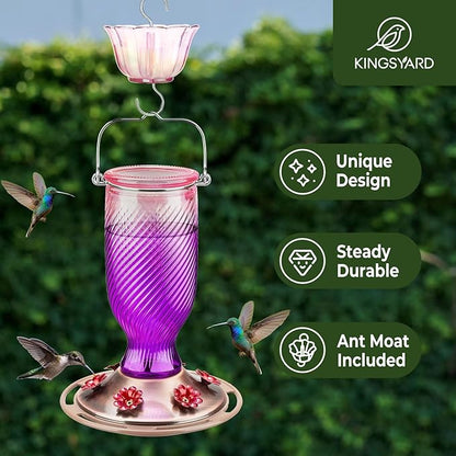 Kingsyard Glass Hummingbird Feeders for Outdoors, 24 oz Hummingbird Nectar Feeder for Outdoors Garden Yard D�cor, 6 Feeding Ports, Ant Moat Included, Easy to Clean & Refill, Purple