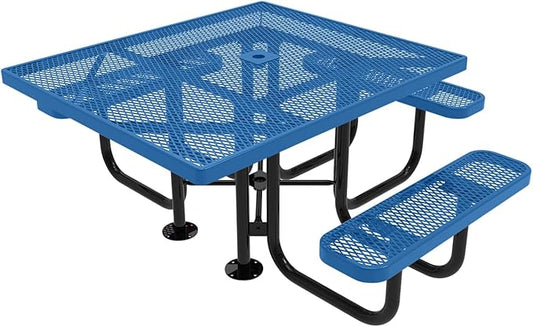 COATEDOUTDOORFURNITURE Heavy-Duty Portable ADA-Compliant Outdoor Picnic Table with Umbrella Hole, Expanded Metal Patio Dining Furniture Made in America (46" Square Top, Textured Light Blue)