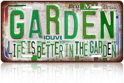 Vintage Garden Metal Tin Sign License Plate Wall Decor for Garden Lover 12 x 6 Inches - life is better in the garden