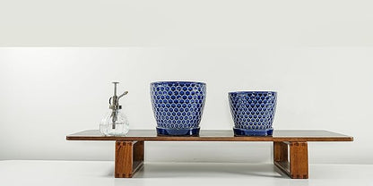 Docrin Ceramic Plant Pots Indoor, 6.6 + 5.5 Inch Planters with Drainage Holes and Saucer for Home/Office - Set of 2 /Blue Honeycomb
