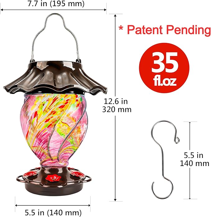 LUJII Solar Powered Color Changing Hummingbird Feeder for Outdoors Hanging, Hand Blown Glass, 35 fl.oz, Never Leak, Illuminated Lantern for Garden Decor, for Bird Lovers, Purple