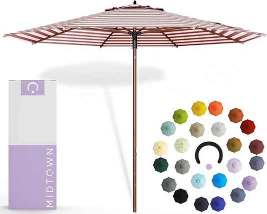 Midtown Umbrellas The Wooden 8 Feet Patio Umbrella With Terylast Red Stripes (Red/White Stripes) Polyester Fabric - Aluminum Frame Market Umbrella For Backyard, Deck, Garden, Pool - Wooden Pole