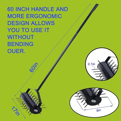 Rolling Manual Lawn Aerator, 58-Inch Handle Push Spike Aerator for Lawns, Yards, and Gardens, Easy Assembly, Reduces Soil Compaction, Enhances Water Absorption Manual Aerator Tool Black