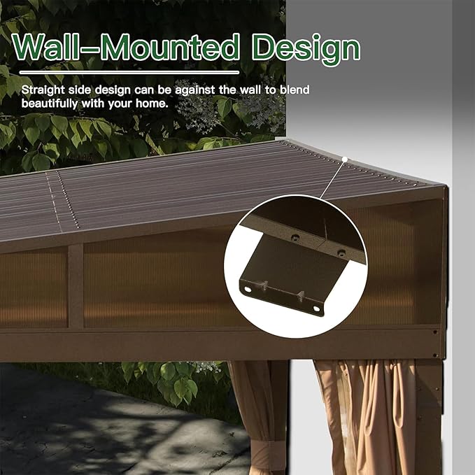 12’ x 20’ Lean to Gazebo, Outdoor Wall Mounted Gazebo Aluminum Frame, Hardtop Pergola with Galvanized Steel Sloping Roof for Patio Deck Garden Backyard, Curtain and Netting Included