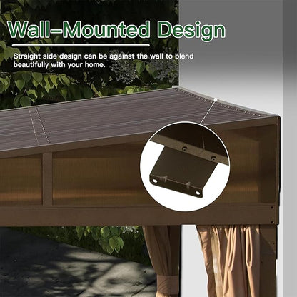 12’ x 20’ Lean to Gazebo, Outdoor Wall Mounted Gazebo Aluminum Frame, Hardtop Pergola with Galvanized Steel Sloping Roof for Patio Deck Garden Backyard, Curtain and Netting Included