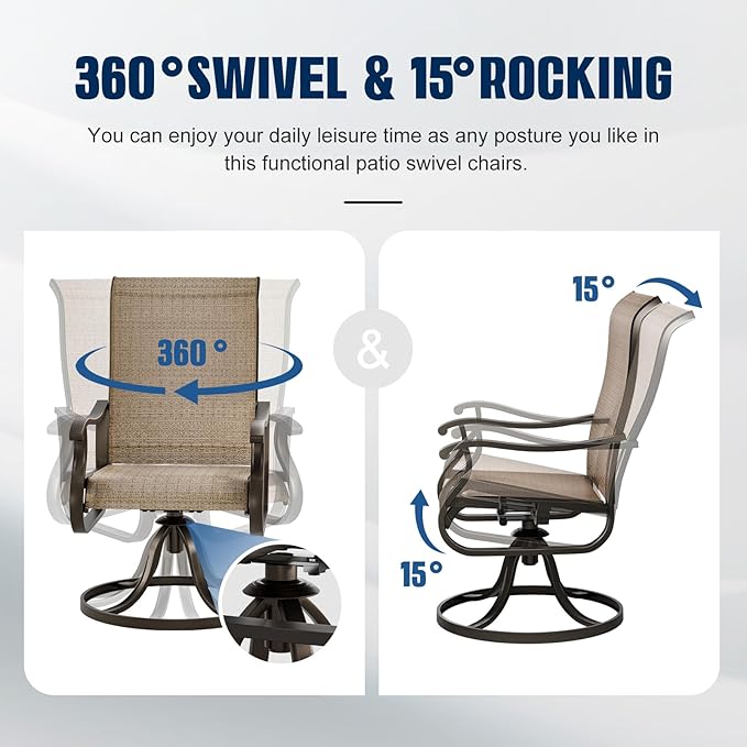 UDPATIO Patio Swivel Dining Chairs Set of 6, Outdoor Swivel Chairs High Back with All Weather Textilene Metal Rocking Frame for Lawn Garden Backyard, Brown