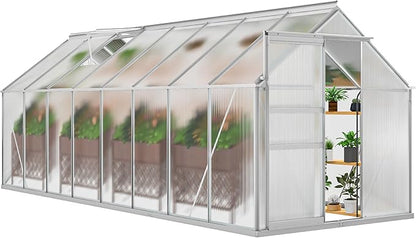 DWVO 6x16FT Polycarbonate Greenhouse Heavy Duty Green Houses Outdoor Aluminum Greenhouses with Sliding Doors Vent Window Walk-in Greenhouse Large Sun House for Garden Backyard, Matte Sliver