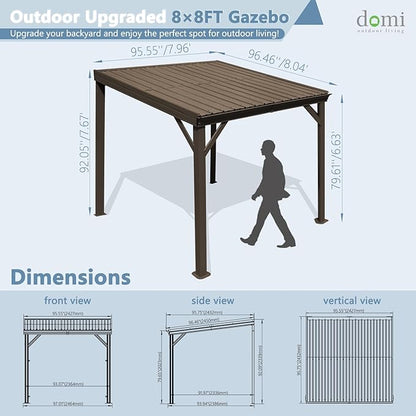 Domi 8’ x 8’ Wall-Mounted Hardtop Gazebo Pergola – Permanent Lean-to Outdoor Shelter with Sloped Galvanized Steel Roof & Upgraded Drainage – Grey Metal Patio Cover for Backyard, Deck, Garden, Brown