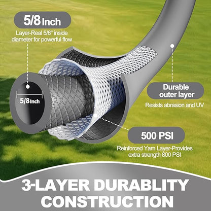 YOTOO Heavy Duty Hybrid Garden Water Hose 5/8-Inch by 100-Feet 150 PSI Kink Resistant, Flexible with Swivel Grip Handle and 3/4" GHT Solid Brass Fittings, Gray