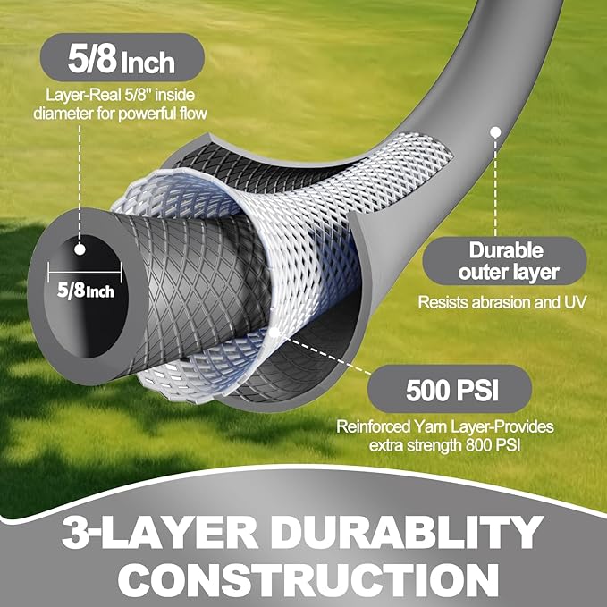 YOTOO Heavy Duty Hybrid Garden Water Hose 5/8-Inch by 50-Feet 150 PSI Kink Resistant, Flexible with Swivel Grip Handle and 3/4" GHT Solid Brass Fittings, Gray