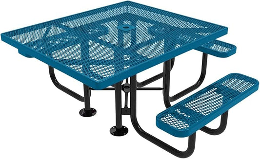 COATEDOUTDOORFURNITURE Heavy-Duty Portable ADA-Compliant Outdoor Picnic Table with Umbrella Hole, Expanded Metal Patio Dining Furniture Made in America (46" Square Top, Light Blue)