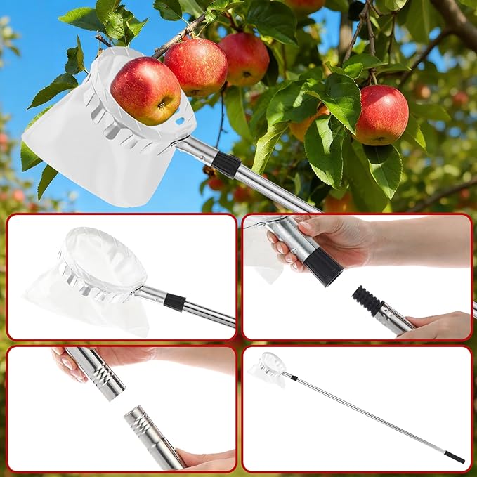4 Pack Fruit Picker Pole Tools 11.5 ft Fruit Picker Pole with Basket Telescoping and 35-63 Inch Adjustable Apple Picking Tool Berry Rake Scoop and Storage Bag for Mango Lemon Orange Avocado