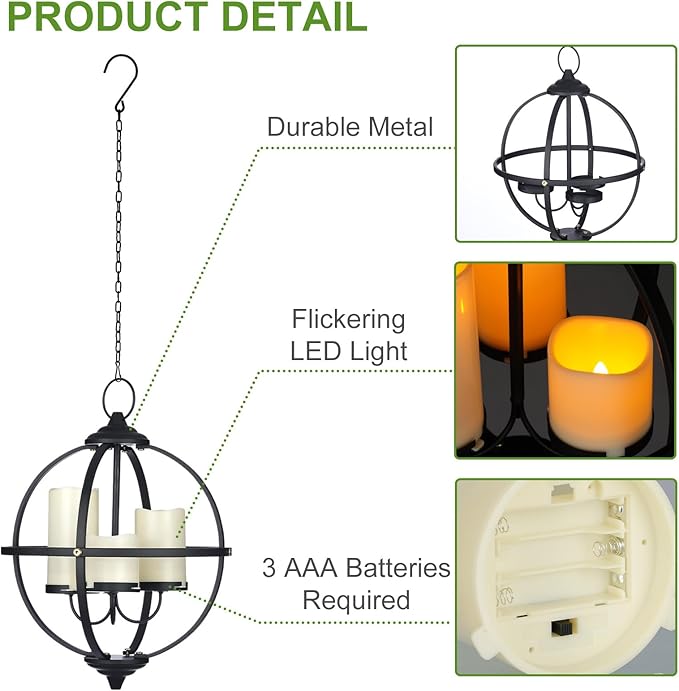 Battery Operated Outdoor Candle Chandelier - Black Metal Globe Hanging Pendant Light with 3 Flameless Candles, 12.6" Waterproof Lights for Gazebo, Pergola, Garden, Porch & Backyard