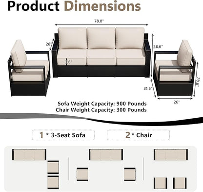 Outdoor Patio Furniture Set, 3-Piece Aluminum Patio Conversation Set All-Weather Metal Outdoor Sectional with 6 Inch Thick Cushions, Deep Setting for Garden, Outside and Porch