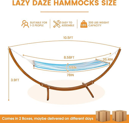 Lazy Daze Hammocks Cotton Fabric Spreader Bar Hammock and 10.5 Ft Wood Arc Hammock Stand Combo, for Indoor, Outdoor, Patio, Backyard, Blue and White
