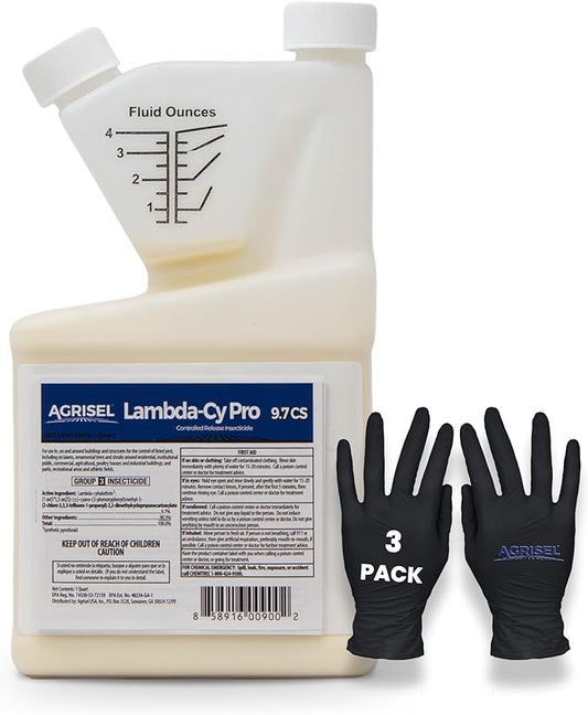 Lambda-Cy Pro 9.7 CS Insect/Pest Control Safe for Poultry Houses, Residential & Commercial, Effective Against 55 Pests, Outdoor/Indoor, Includes 3-Pack of Agrisel Protective Gloves, 32 Ounces
