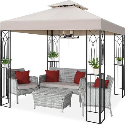 COOS BAY 8x8 Outdoor Patio Gazebo with Corner Shelves, Two-Tier Soft Top Canopy for Backyard, Lawn, Deck and Garden, Beige