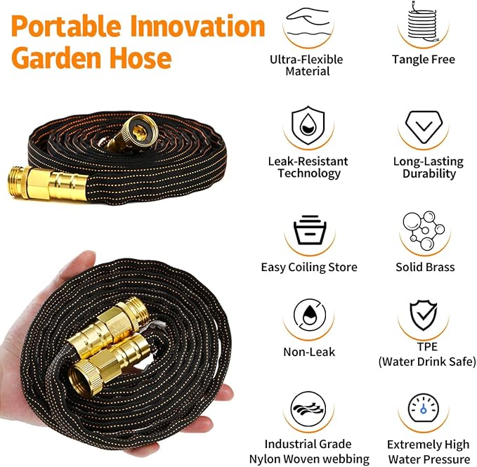 10FT Lightweight Flexible Garden Hose,Non-Slip Handles,Non-kink Hose,Solid Brass Fitting for Boats, RV Water Hose,Marine Washdown,Lawn,Garden,Leakproof TPE Hose (OrangeBlack, 10 FT)