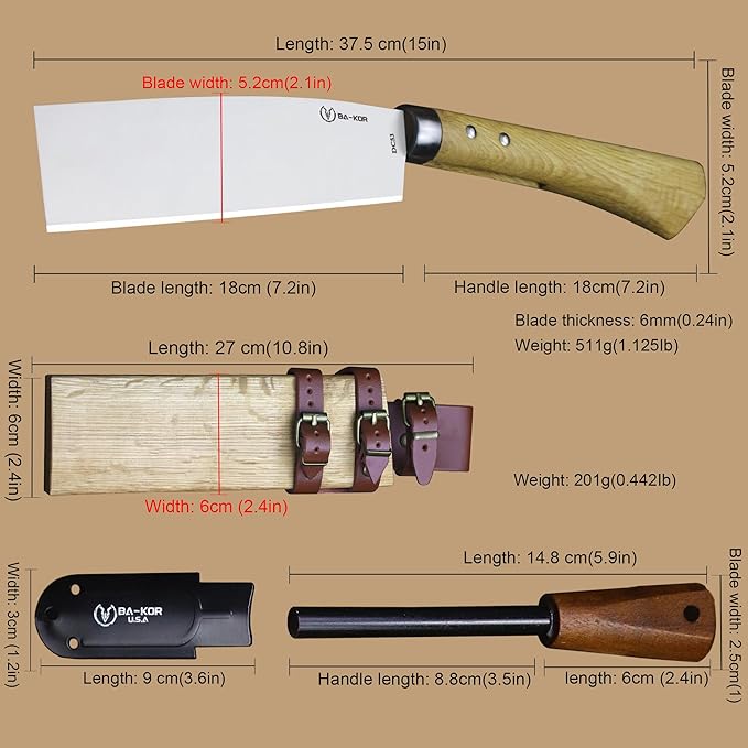 BA-KOR (Pioneer ) (15") DC53 steel 6mm thickened full Tang fixed knife+ Wooden sheath &(5.9IN) Cerium Igniter, suitable for outdoor hunting, cutting, chopping, camping, obstacle removal, exploration, fishing, EDC, BBQ (Mirror Light Edition)