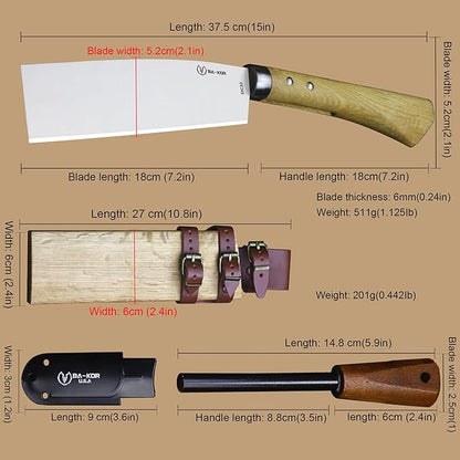 BA-KOR (Pioneer ) (15") DC53 steel 6mm thickened full Tang fixed knife+ Wooden sheath &(5.9IN) Cerium Igniter, suitable for outdoor hunting, cutting, chopping, camping, obstacle removal, exploration, fishing, EDC, BBQ (Mirror Light Edition)