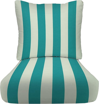RSH DECOR: Deep Seating Cushion with Pillow Back | 23” x 26” Seat | All-Weather Spun Fabric | Water and Fade-Resistant | Outdoor Chair Cushion Set for Patio Furniture | Cancun & White Stripe
