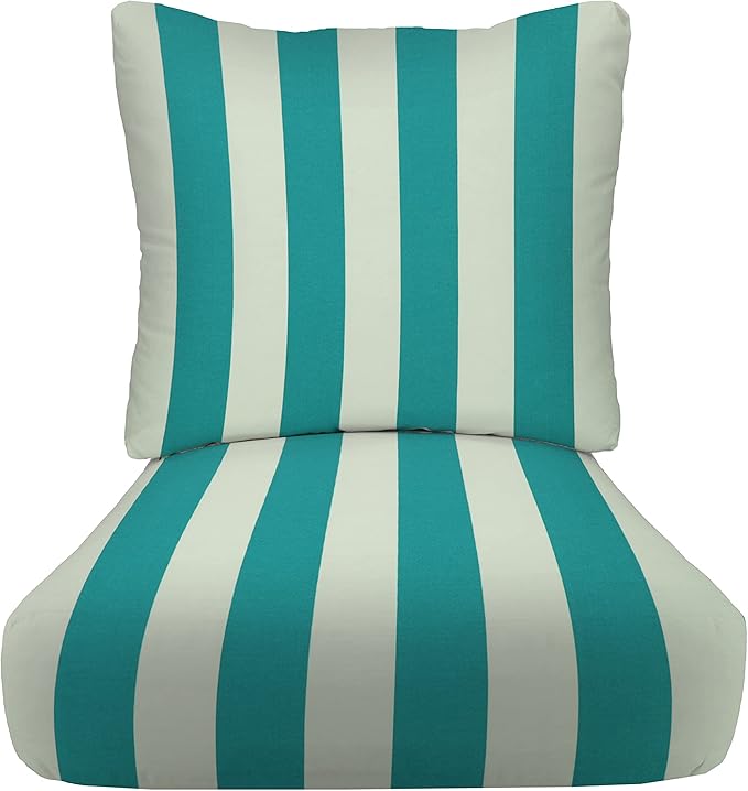 RSH DECOR: Deep Seating Cushion with Pillow Back | 25” x 25” Seat | Water and Fade-Resistant Spun Fabric | Outdoor Chair Cushion Set for Patio Furniture | Cancun & White Stripe