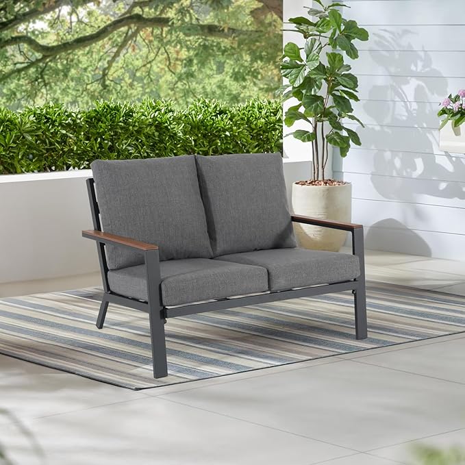Soleil Jardin Aluminum Patio Furniture Loveseat, Outdoor 2 Seats Sofa Couch with FSC Certified Solid Wood Top, Outdoor Conversation Set Deep Seating Loveseat w/Removable Cushion, Dark Grey