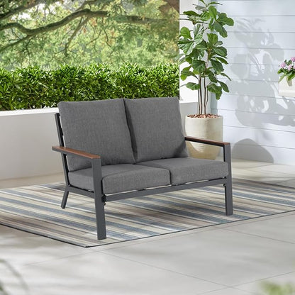 Soleil Jardin Aluminum Patio Furniture Loveseat, Outdoor 2 Seats Sofa Couch with FSC Certified Solid Wood Top, Outdoor Conversation Set Deep Seating Loveseat w/Removable Cushion, Dark Grey