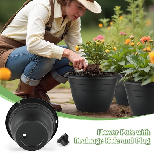 Plant Pots Indoor with Drainage, 3 Pack 11 Inch Plastic Pots for Plants（10 inch Inner Diameter）, Durable Plastic Flower Pots, Planters for Indoor Ourdoor Plants, Black