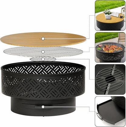 26" Wood Burning Fire Pits with Grill & Lid, Fire Pit Table for Outside with Waterproof Cover & Fire Poker, Outdoor Firepit with Functions for BBQ,Table and Bonfire