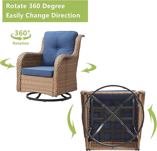 Outdoor Wicker Patio Furniture Set - 6 Piece Rattan Patio Conversation Set with 2 Rocking Swivel Chairs,2 Ottomans,1 Sofa and 1 Side Table for Porch Deck Backyard Garden(Yellow/Blue)