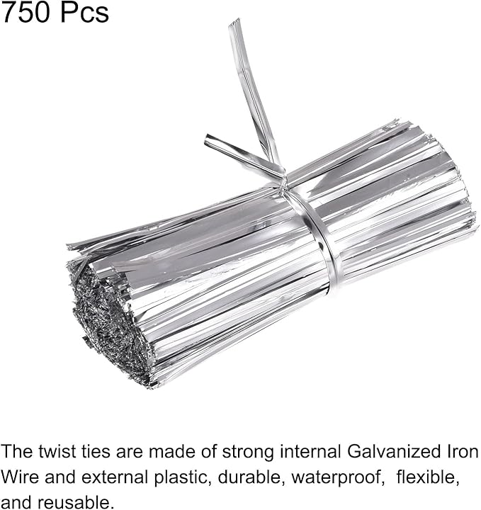 MECCANIXITY Foil Twist Ties 3" 8cm Metallic Plastic Closure Tie for Tying Bread, Candy, Cookies, Gift Bags Arts Crafts Ties Silver Tone Pack of 750