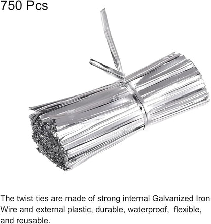 MECCANIXITY Foil Twist Ties 3" 8cm Metallic Plastic Closure Tie for Tying Bread, Candy, Cookies, Gift Bags Arts Crafts Ties Silver Tone Pack of 750