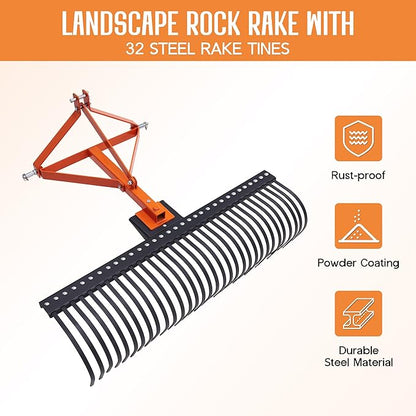 Specraft 3 Point Tow Behind Rake, 60" Adjustable Angle with 32 Steel Tines, Lawn Dethatcher Landscape Rake with Attachments for Field, Yard Cleanup