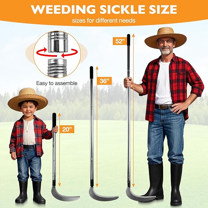 Sickle Garden Tool Set, Long Handle Weeding Sickle with Serrated Double-Edged Blade, Grass Sickle Stand Up Weeding Tool with 2 Pack Leaf Scoops, 16 Gallon Lawn Bag with Gardening Gloves for Yard