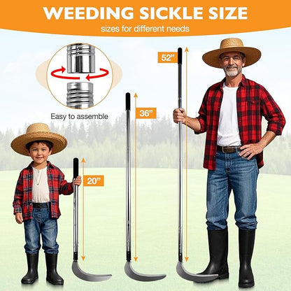 Sickle Garden Tool Set, Long Handle Weeding Sickle with Serrated Double-Edged Blade, Grass Sickle Stand Up Weeding Tool with 2 Pack Leaf Scoops, 16 Gallon Lawn Bag with Gardening Gloves for Yard