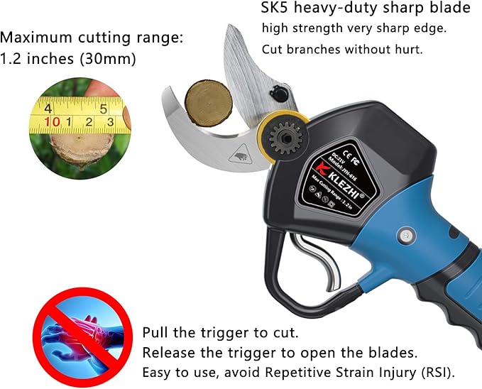 Professional Cordless Electric Pruning Shears with 2 PCS Backup Rechargeable 2Ah Lithium Battery Powered Tree Branch Pruner Branch Cutter, 30mm (1.2 Inch) Cutting Diameter