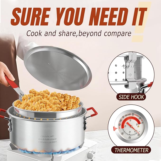 10QT Propane Fish Fryer with Lid, Cover, Fryer Tong & Thermometer, 8QT Basket for Frying Fish, Chicken Wings, French Fries, Deep Fryers with 5 PSI Regulator & 55,000 BTU Burner for Outdoor Cooking