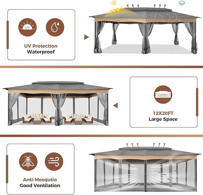 COBIZI Gazebo 12x20 Heavy Duty Gazebos with Improved Nettings Outdoor Gazebo Canopy Double Roof Patio Gazebos with Metal Steel Frame for Patio, Deck, Backyard (Gray)