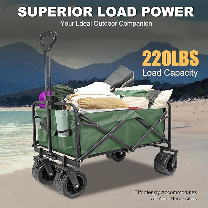 SZHLUX Collapsible Foldable Wagon with Big Wheels for Sand, Utility Grocery Wagon with Side Pocket and Brakes for Camping, Sports, Outdoor Activities