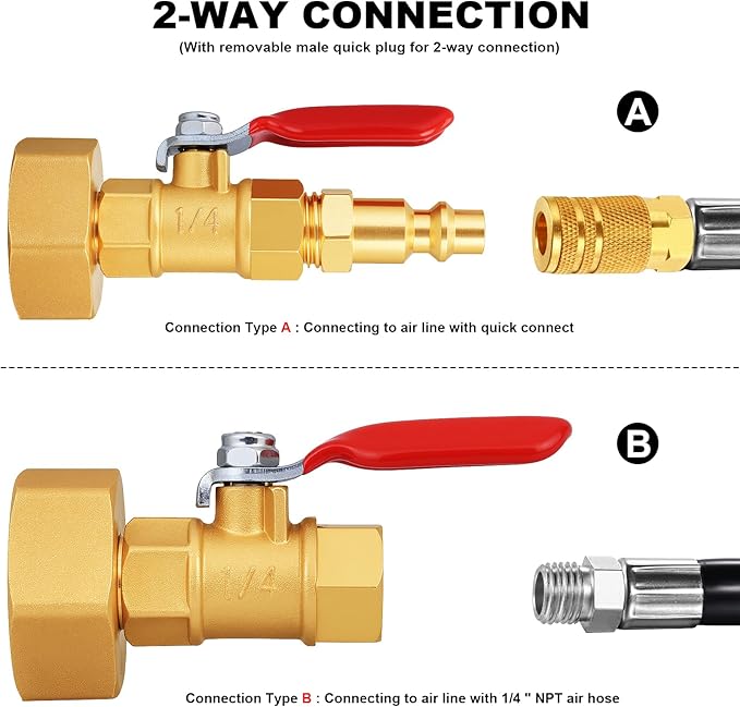RV Winterize/Winterization Blowout Adapter - Brass with Ball Valve, 1/4" Male Quick Connect to 3/4" Male & Female GHT Garden Hose Thread