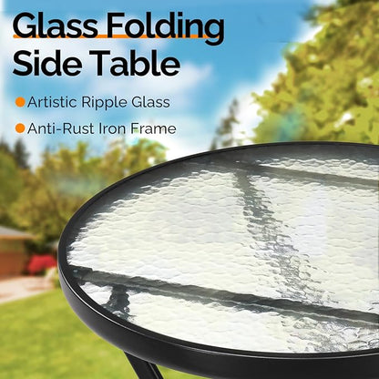 VINGLI Folding Glass Outdoor Side Table, 23.6 Inches Small Foldable Patio Bistro Table with Tempered Glass Table Top for Lawn & Garden, Balcony, Porch and Pool, Round