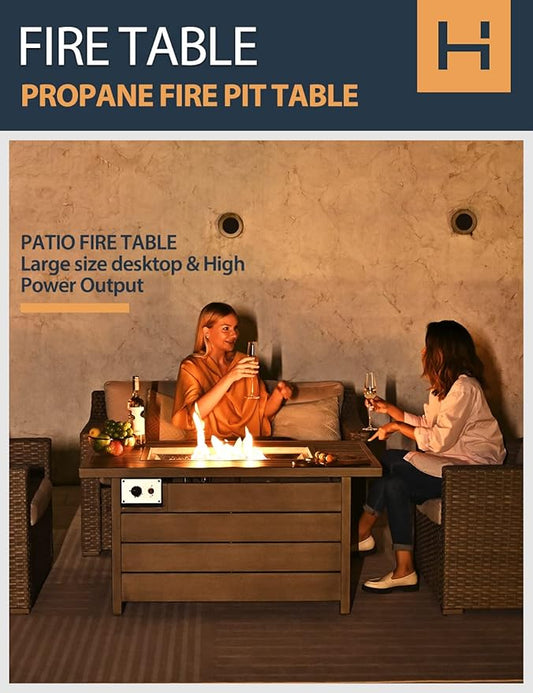 Propane Fire Pit Table, HAPPATIO 48inch 50000 BTU Gas Fire Pit with Aluminum Slats Table Top, Lid, Black Glass Rock, Aluminum Fire Table,CSA Safety Certified for Outside Patio(Gray)