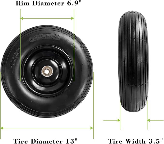 Parts Camp 13" Wheelbarrow Tires and Wheels 4.00-6 Pneumatic Tires with 5/8"&3/4" Bore Hole and 1.75" Centered Hub Wheelbarrow Tire Fit Wheelbarrows/Wagons/Dolly/Trolley/Hand truck(2 Pack)
