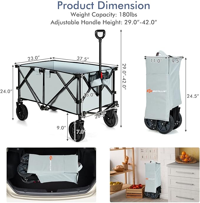 Goplus Collapsible Wagon, Folding Utility Wagon Cart w/Universal Wheels & Adjustable Handle & Cover Bag, Grocery Wagon for Garden Shopping Camping (Grey)