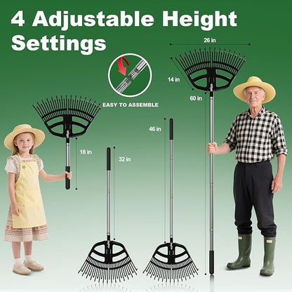 Adjustable Leaf Rake 30-65 Inch – 30 Tines Garden Rakes with Non-Slip Handle&Quick-Detach Head Lightweight Yard Rake for Wet Leaves, Pine Needles, Gravel